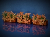 Diorama Zubehör, 3 Holz Blumenkästen mit Pflanzen, 5 x 2,5 x 1,5 cm, ca. 4 cm hoch